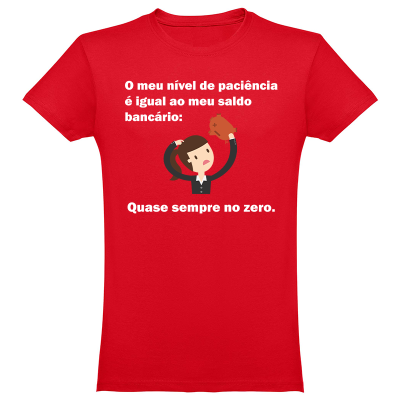 T-shirt vermelha com texto e ilustração humorística em branco