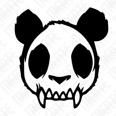 Desenho estilizado da cabeça de um panda em preto e branco, com dentes pontiagudos