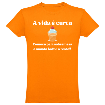 T-shirt laranja com texto e ilustração de gelado