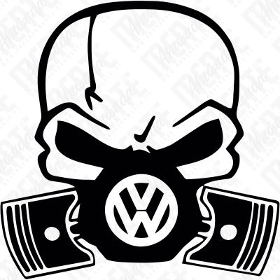 Desenho preto e branco de caveira com sigla VW e pistões nas laterais