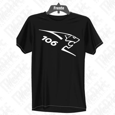 T-shirt preta com estampa branca de felino e número 106