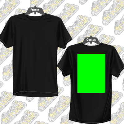 Duas t-shirts pretas com etiquetas Frente e Costas, fundo padrão AT PULSE