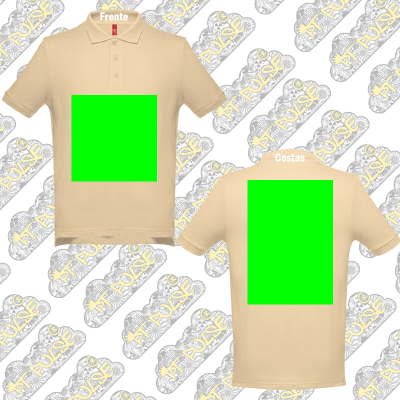 Polo bege de manga curta vista frontal e traseira com fundo padrão texto A PULSE