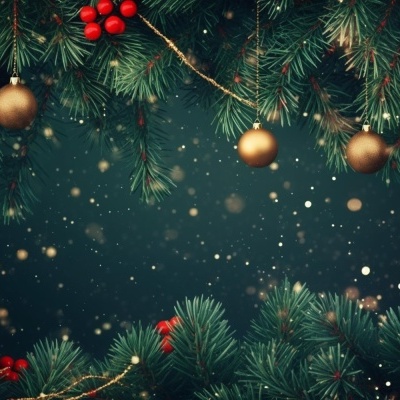 Decoração de Natal com ramos de pinheiro, bolas douradas e vermelhas e bagas vermelhas