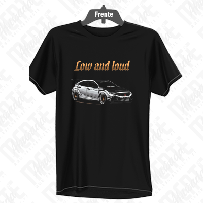 T-shirt preta com estampa de carro desportivo e texto Low and loud