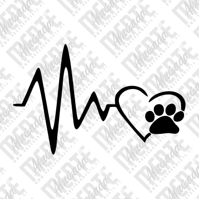 Eletrocardiograma com coração e pata de animal preto sobre fundo branco