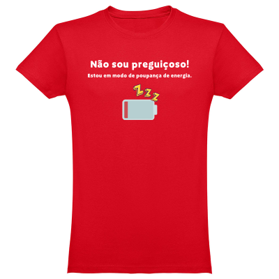 T-shirt vermelha com frase e imagem de bateria com zzz