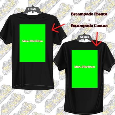 Duas t-shirts pretas com estampado verde na frente e costas até 30x40cm