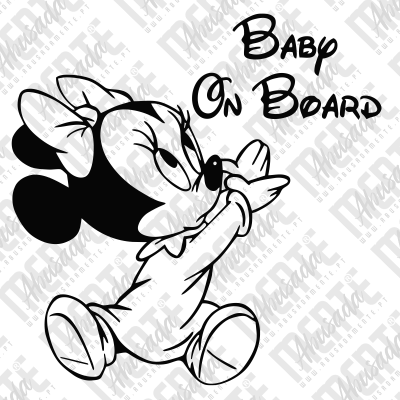 Desenho preto e branco de bebé personagem com laço e texto Baby On Board