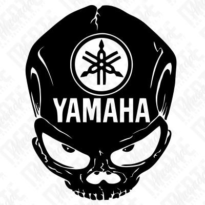 Desenho preto e branco de crânio com logotipo Yamaha