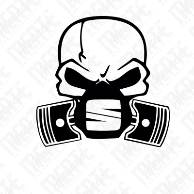 Logotipo de caveira estilizada com pistões