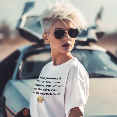 Pessoa de cabelo loiro platinado curto, óculos de sol dourados, t-shirt branca com texto e emoji, em frente a carro desportivo preto com portas abertas