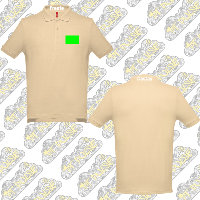 Polos bege vista frontal e traseira com fundo PT PULSE