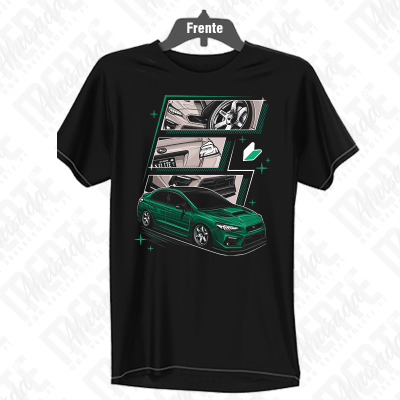 T-shirt preta com desenho de carro verde estilizado e detalhes