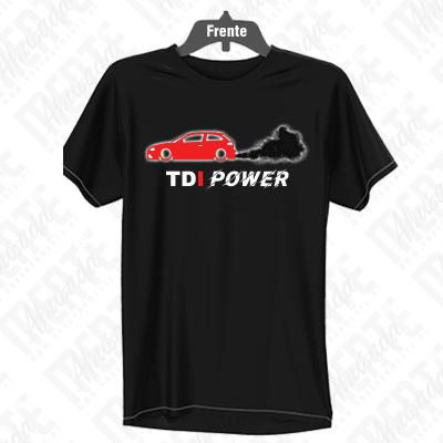 T-shirt preta com estampado de carro e texto TDI POWER