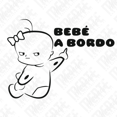 Desenho a preto e branco de bebé com dedo médio levantado e texto BEBÉ A BORDO