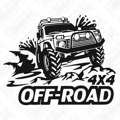Desenho preto e branco de jipe 4x4 em terreno off-road com lama