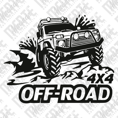 Desenho preto e branco de jipe 4x4 em terreno acidentado com texto OFF-ROAD