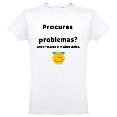 T-shirt branca com texto e emoji sorridente com auréola azul