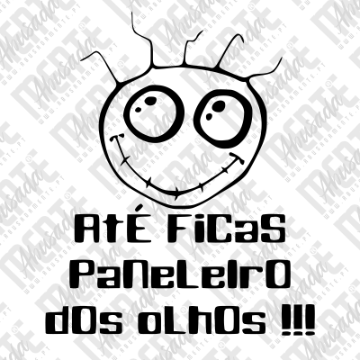 Cara sorridente desenhada a preto com olhos grandes e texto em português em fundo branco