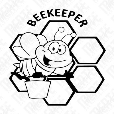 Desenho a preto e branco de uma abelha caricata com a palavra BEEKEEPER e células hexagonais