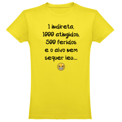 T-shirt amarela com texto em português e emoji sorridente