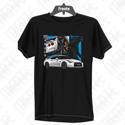 T-shirt preta com estampa de carro desportivo e Godzilla