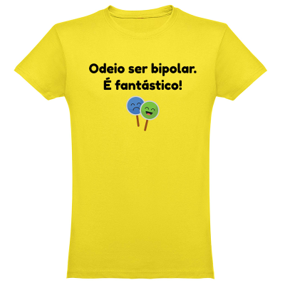 T-shirt amarela com texto em preto e desenho de balões sorridentes