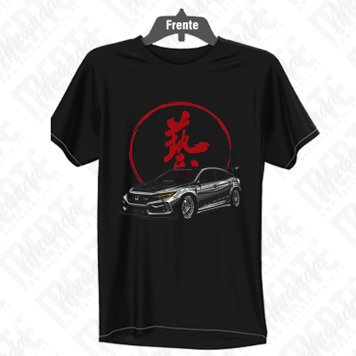 T-shirt preta com estampa de carro desportivo e caracteres chineses vermelhos