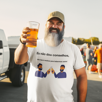 Homem com camisola branca com texto e imagem brindando com copo de cerveja