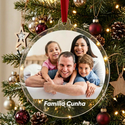 Enfeite de árvore de Natal com foto de família e texto Família Cunha