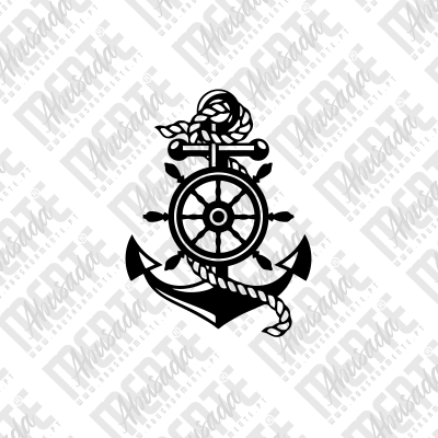Logotipo preto e branco com âncora e leme náutico