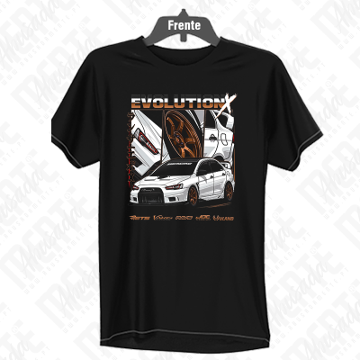 T-shirt preta com estampa de carro desportivo branco e texto EVOLUTIONX