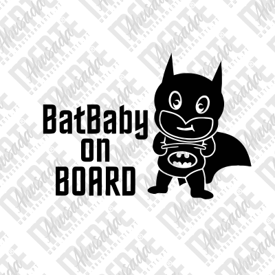 Desenho de bebê com fantasia de morcego e texto BatBaby on BOARD