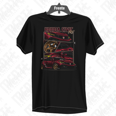 T-shirt preta com estampa de carro Honda Civic vermelho e texto HONDA CIVIC FK