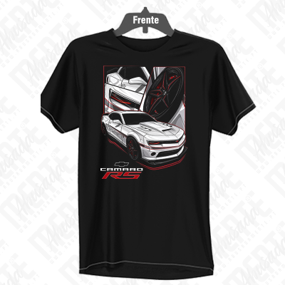 T-shirt preta com estampa frontal de carro Camaro RS branco e detalhes em vermelho