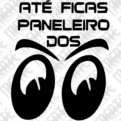 Autocolante com texto e olhos estilizados em preto sobre fundo branco