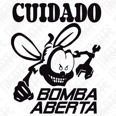 Logotipo em preto e branco com texto e abelha ameaçadora