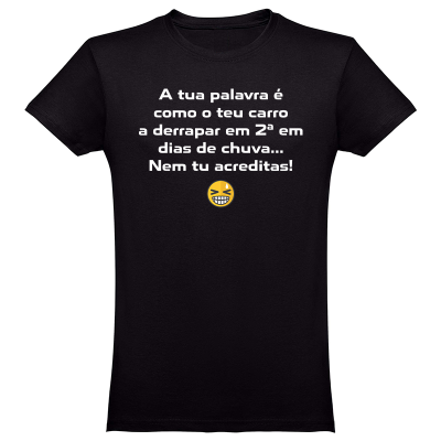 T-shirt preta com texto branco e emoji amarelo sorridente