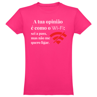 T-shirt cor-de-rosa com texto e símbolo Wi-Fi