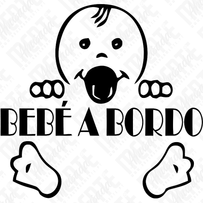 Desenho preto e branco de bebé e texto BEBÉ A BORDO