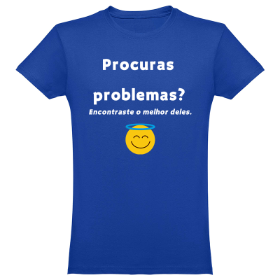 T-shirt azul com texto e smiley amarelo com auréola