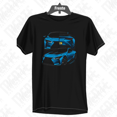 T-shirt preta com estampagem de carros azuis vista de frente e de trás