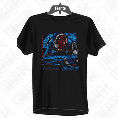 Camiseta preta com estampa gráfica de carro azul rebaixado e texto
