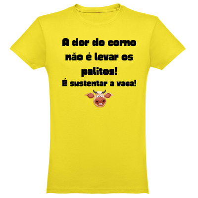 T-shirt amarela com texto preto e ilustração de vaca