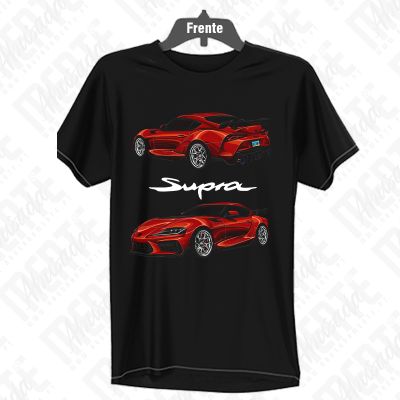 T-shirt preta com dois carros vermelhos e palavra Supra