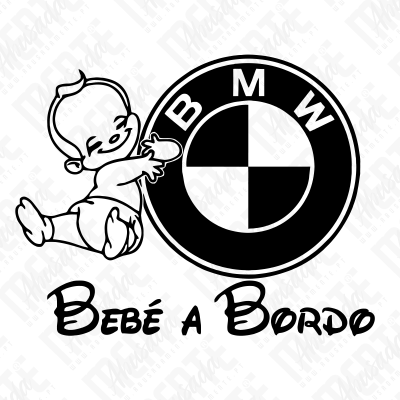Desenho de bebé com fralda abraçando logótipo BMW e texto Bebé a Bordo
