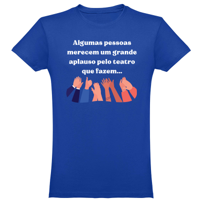 T-shirt azul com texto e ilustração de mãos a aplaudir