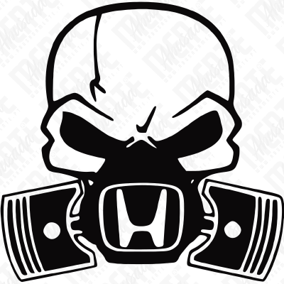 Desenho gráfico preto e branco de crânio com pistões e logótipo Honda