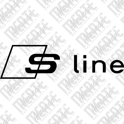 Logótipo S line em preto com quadrado inclinado e marcas dágua no fundo branco